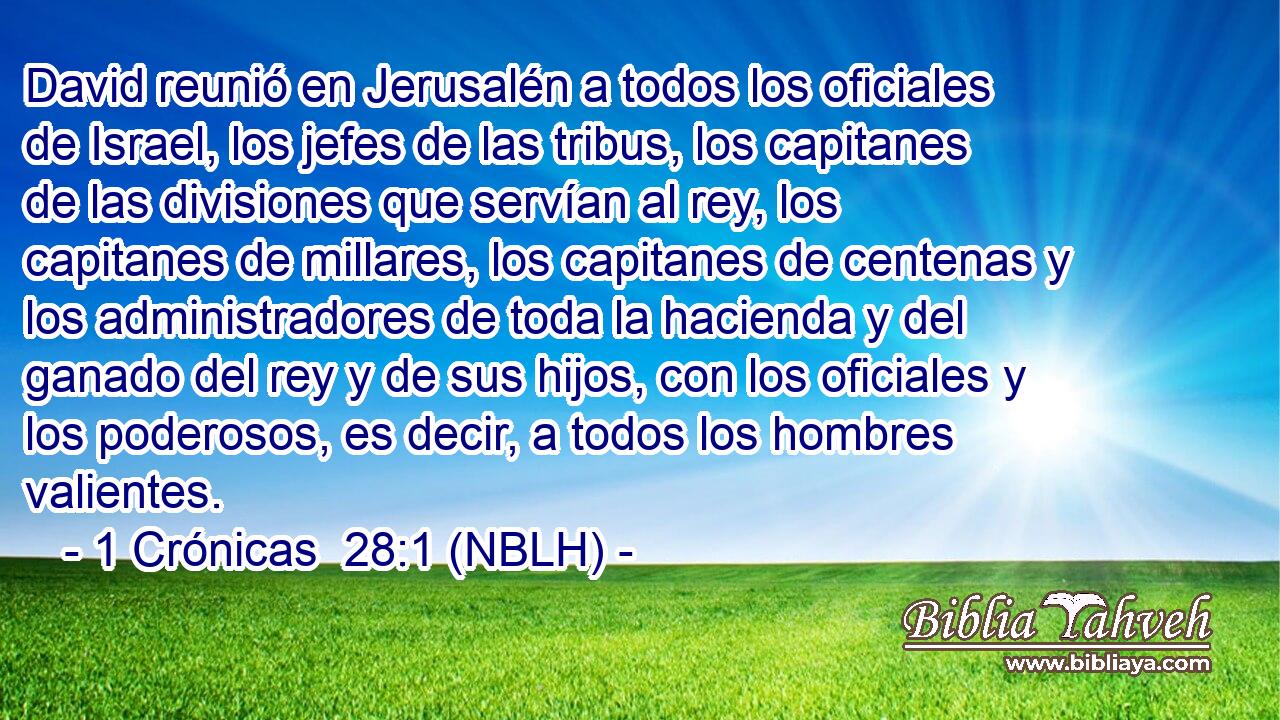  David reunió en Jerusalén a todos los oficiales de Israel, los jefes de las tribus, los capitanes de las divisiones que servían al rey, los capitanes de millares, los capitanes de centenas y los administradores de toda la hacienda y del ganado del rey y de sus hijos, con los oficiales y los poderosos, es decir, a todos los hombres valientes. 
