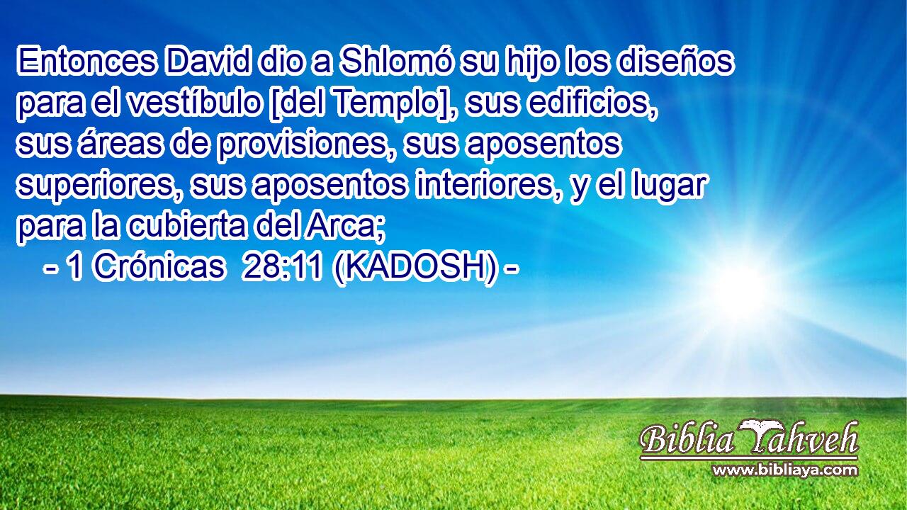  Entonces David dio a Shlomó su hijo los diseños para el vestíbulo [del Templo], sus edificios, sus áreas de provisiones, sus aposentos superiores, sus aposentos interiores, y el lugar para la cubierta del Arca; 