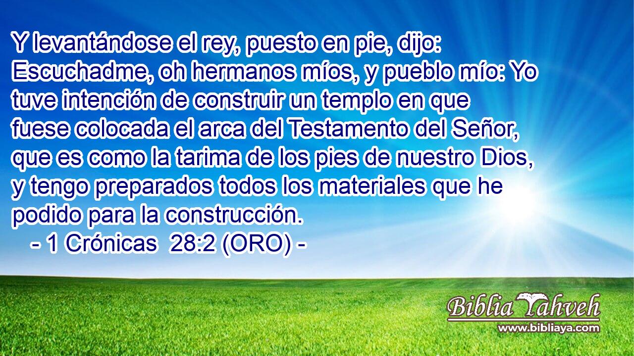  Y levantándose el rey, puesto en pie, dijo: Escuchadme, oh hermanos míos, y pueblo mío: Yo tuve intención de construir un templo en que fuese colocada el arca del Testamento del Señor, que es como la tarima de los pies de nuestro Dios, y tengo preparados todos los materiales que he podido para la construcción. 