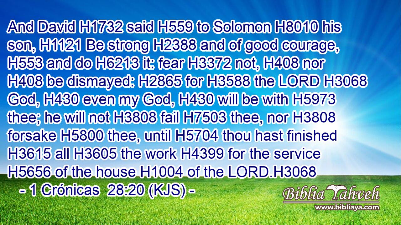 And David H1732 said H559 to Solomon H8010 his son, H1121 Be strong H2388 and of good courage, H553 and do H6213 it: fear H3372 not, H408 nor H408 be dismayed: H2865 for H3588 the LORD H3068 God, H430 even my God, H430 will be with H5973 thee; he will not H3808 fail H7503 thee, nor H3808 forsake H5800 thee, until H5704 thou hast finished H3615 all H3605 the work H4399 for the service H5656 of the house H1004 of the LORD.H3068
