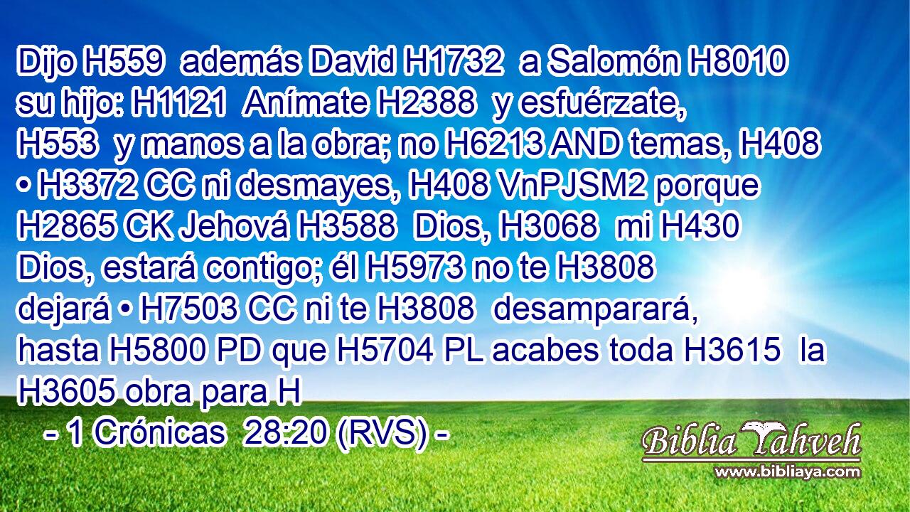 Dijo H559  además David H1732  a Salomón H8010  su hijo: H1121  Anímate H2388  y esfuérzate, H553  y manos a la obra; no H6213 AND temas, H408  • H3372 CC ni desmayes, H408 VnPJSM2 porque H2865 CK Jehová H3588  Dios, H3068  mi H430  Dios, estará contigo; él H5973 no te H3808  dejará • H7503 CC ni te H3808  desamparará, hasta H5800 PD que H5704 PL acabes toda H3615  la H3605 obra para H