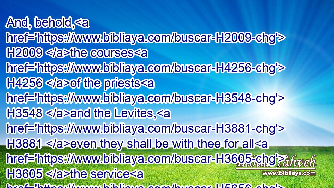 And, behold, H2009 the courses H4256 of the priests H3548 and the Levites, H3881 even they shall be with thee for all H3605 the service H5656 of the house H1004 of God: H430 and there shall be with H5973 thee for all manner H3605 of workmanship H4399 every H3605 willing H5081 skilful man, H2451 for any manner H3605 of service: H5656 also the princes H8269 and all H3605 the people H5971 will be wholly H3605 at thy commandment.H1697
