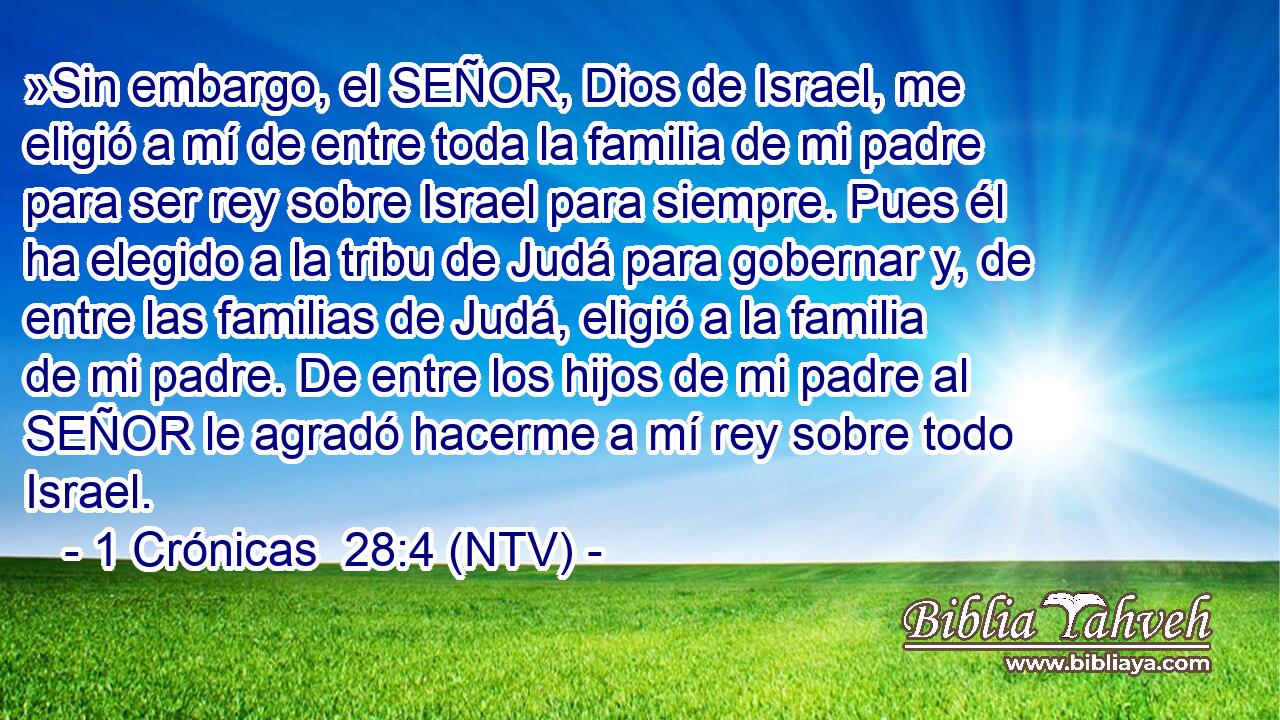 »Sin embargo, el SEÑOR, Dios de Israel, me eligió a mí de entre toda la familia de mi padre para ser rey sobre Israel para siempre. Pues él ha elegido a la tribu de Judá para gobernar y, de entre las familias de Judá, eligió a la familia de mi padre. De entre los hijos de mi padre al SEÑOR le agradó hacerme a mí rey sobre todo Israel.
