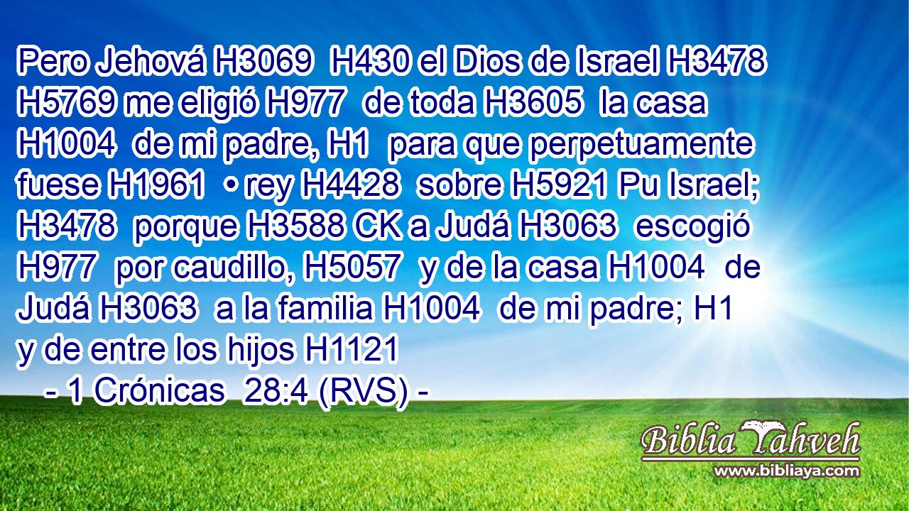Pero Jehová H3069  H430 el Dios de Israel H3478  H5769 me eligió H977  de toda H3605  la casa H1004  de mi padre, H1  para que perpetuamente fuese H1961  • rey H4428  sobre H5921 Pu Israel; H3478  porque H3588 CK a Judá H3063  escogió H977  por caudillo, H5057  y de la casa H1004  de Judá H3063  a la familia H1004  de mi padre; H1  y de entre los hijos H1121  