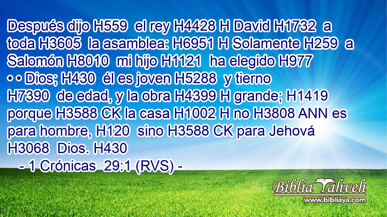 Después dijo H559  el rey H4428 H David H1732  a toda H3605  la asamblea: H6951 H Solamente H259  a Salomón H8010  mi hijo H1121  ha elegido H977  • • Dios; H430  él es joven H5288  y tierno H7390  de edad, y la obra H4399 H grande; H1419  porque H3588 CK la casa H1002 H no H3808 ANN es para hombre, H120  sino H3588 CK para Jehová H3068  Dios. H430  