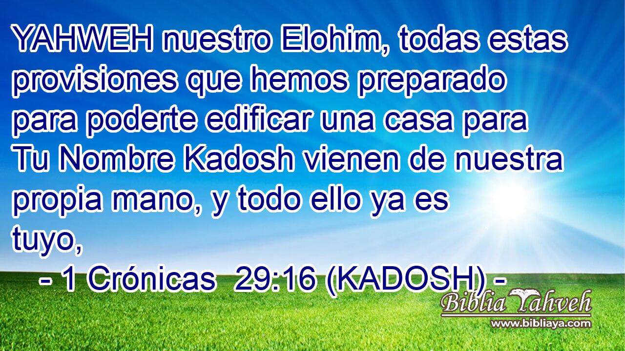  YAHWEH nuestro Elohim, todas estas provisiones que hemos preparado para poderte edificar una casa para Tu Nombre Kadosh vienen de nuestra propia mano, y todo ello ya es tuyo, 
