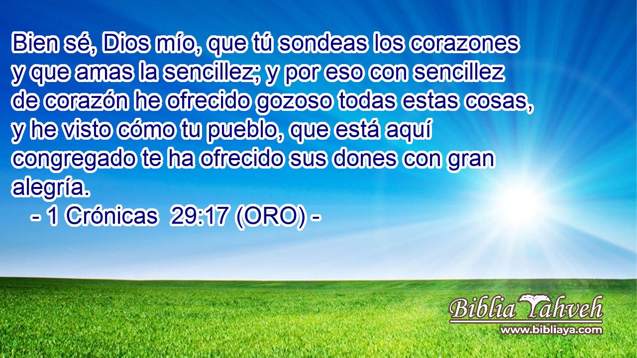  Bien sé, Dios mío, que tú sondeas los corazones y que amas la sencillez; y por eso con sencillez de corazón he ofrecido gozoso todas estas cosas, y he visto cómo tu pueblo, que está aquí congregado te ha ofrecido sus dones con gran alegría. 