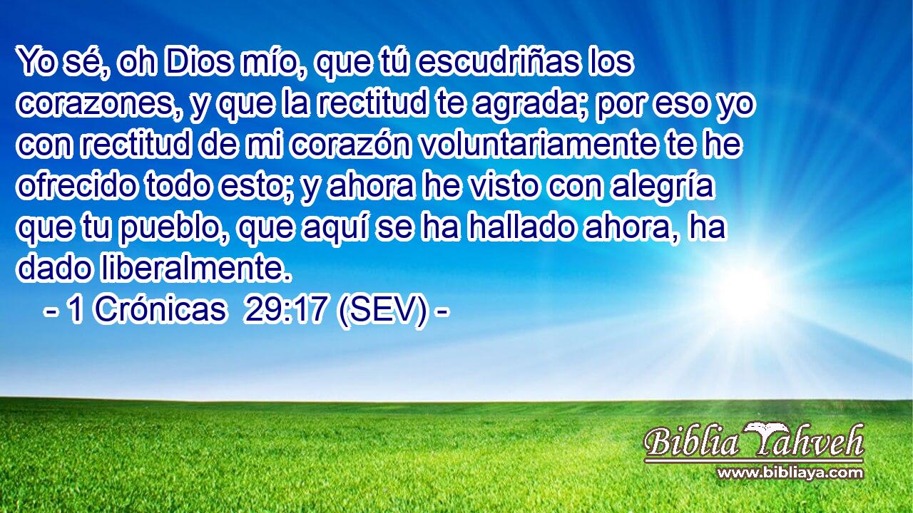 Yo sé, oh Dios mío, que tú escudriñas los corazones, y que la rectitud te agrada; por eso yo con rectitud de mi corazón voluntariamente te he ofrecido todo esto; y ahora he visto con alegría que tu pueblo, que aquí se ha hallado ahora, ha dado liberalmente.