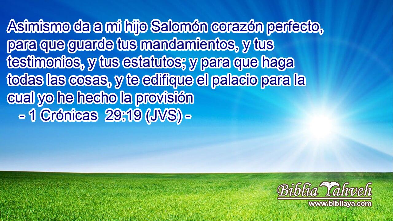 Asimismo da a mi hijo Salomón corazón perfecto, para que guarde tus mandamientos, y tus testimonios, y tus estatutos; y para que haga todas las cosas, y te edifique el palacio para la cual yo he hecho la provisión