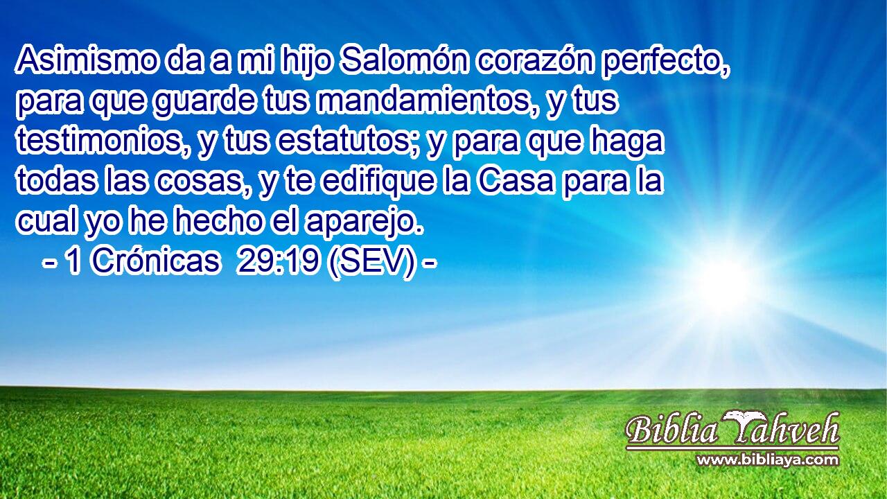 Asimismo da a mi hijo Salomón corazón perfecto, para que guarde tus mandamientos, y tus testimonios, y tus estatutos; y para que haga todas las cosas, y te edifique la Casa para la cual yo he hecho el aparejo.