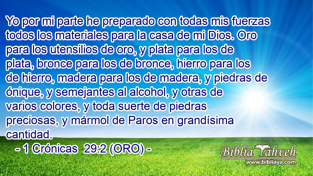  Yo por mi parte he preparado con todas mis fuerzas todos los materiales para la casa de mi Dios. Oro para los utensilios de oro, y plata para los de plata, bronce para los de bronce, hierro para los de hierro, madera para los de madera, y piedras de ónique, y semejantes al alcohol, y otras de varios colores, y toda suerte de piedras preciosas, y mármol de Paros en grandísima cantidad. 
