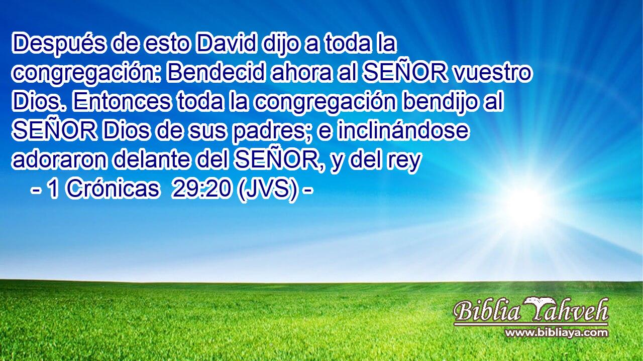 Después de esto David dijo a toda la congregación: Bendecid ahora al SEÑOR vuestro Dios. Entonces toda la congregación bendijo al SEÑOR Dios de sus padres; e inclinándose adoraron delante del SEÑOR, y del rey