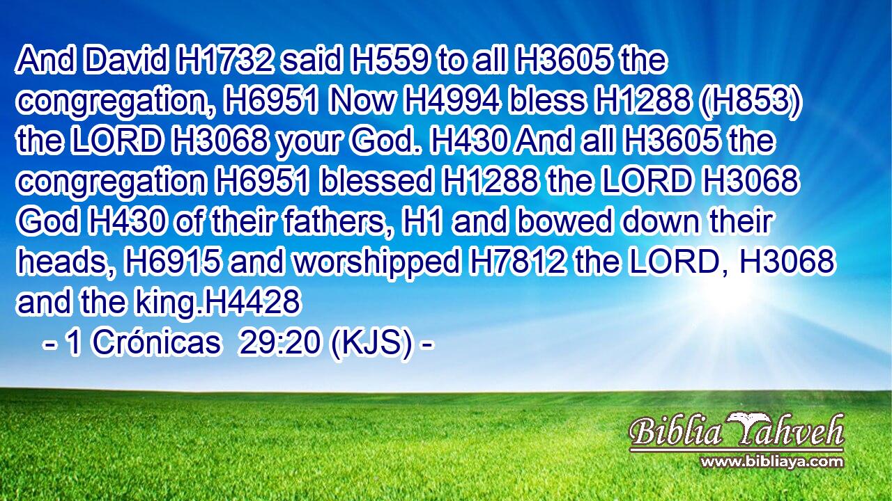 And David H1732 said H559 to all H3605 the congregation, H6951 Now H4994 bless H1288 (H853) the LORD H3068 your God. H430 And all H3605 the congregation H6951 blessed H1288 the LORD H3068 God H430 of their fathers, H1 and bowed down their heads, H6915 and worshipped H7812 the LORD, H3068 and the king.H4428