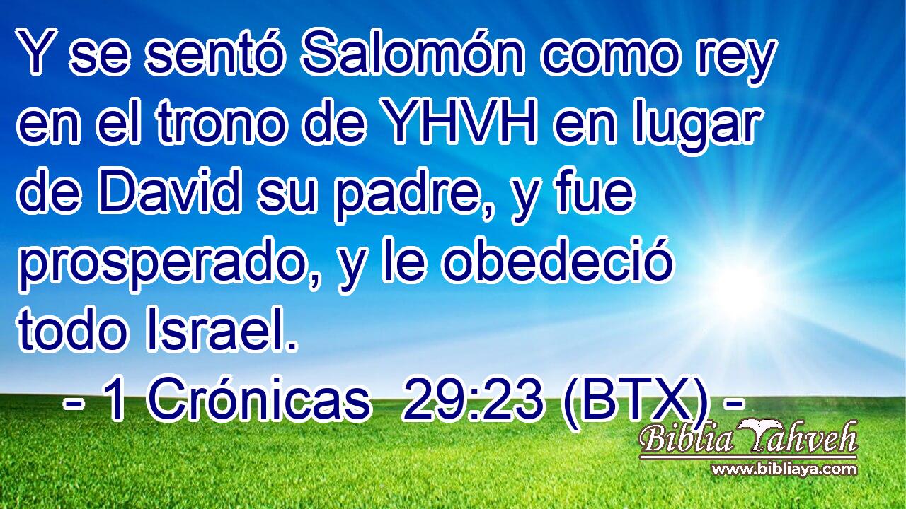 Y se sentó Salomón como rey en el trono de YHVH en lugar de David su padre, y fue prosperado, y le obedeció todo Israel.