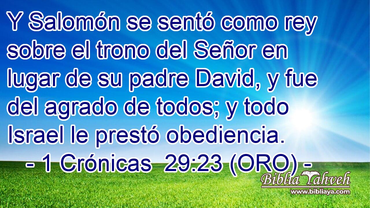  Y Salomón se sentó como rey sobre el trono del Señor en lugar de su padre David, y fue del agrado de todos; y todo Israel le prestó obediencia. 