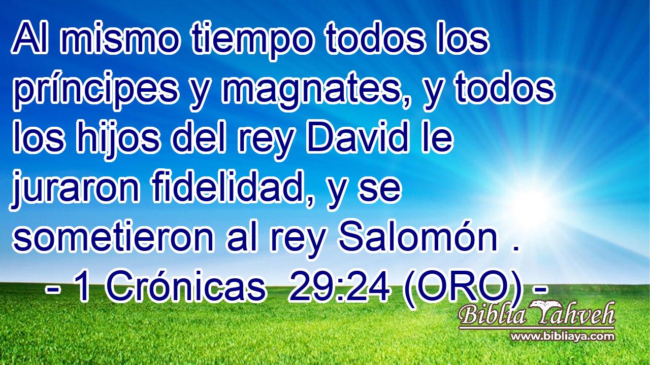  Al mismo tiempo todos los príncipes y magnates, y todos los hijos del rey David le juraron fidelidad, y se sometieron al rey Salomón . 