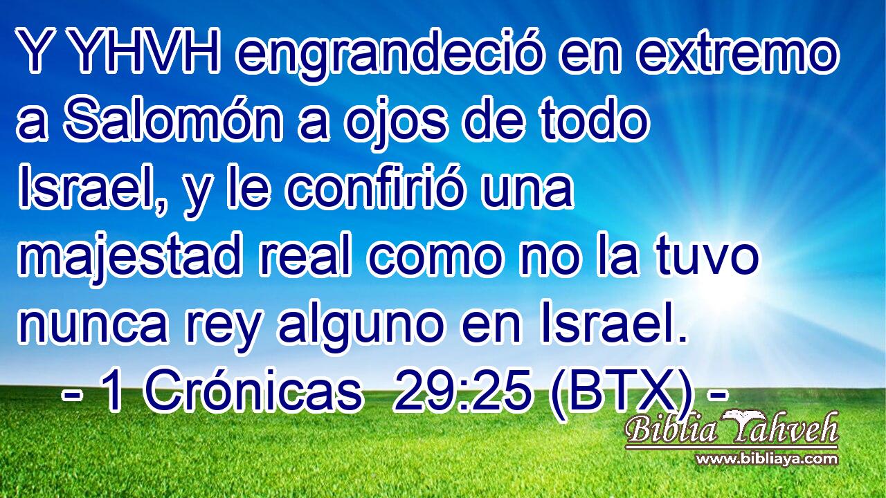 Y YHVH engrandeció en extremo a Salomón a ojos de todo Israel, y le confirió una majestad real como no la tuvo nunca rey alguno en Israel.