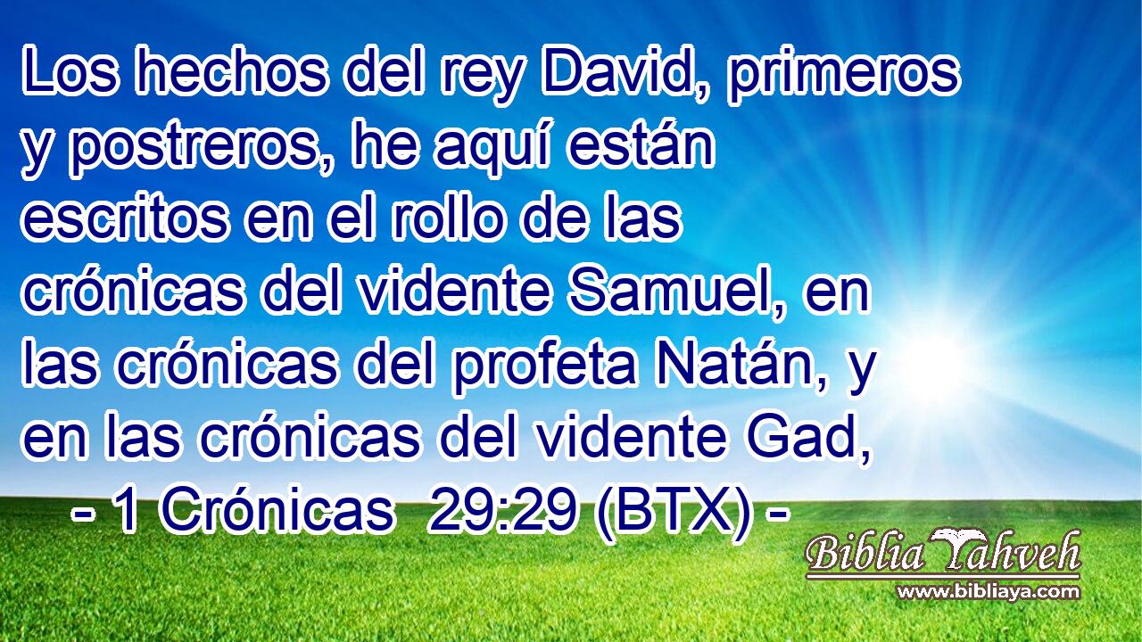 Los hechos del rey David, primeros y postreros, he aquí están escritos en el rollo de las crónicas del vidente Samuel, en las crónicas del profeta Natán, y en las crónicas del vidente Gad,