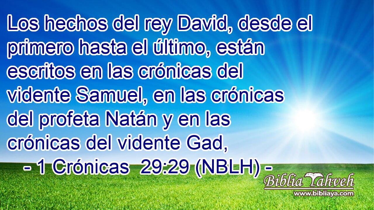  Los hechos del rey David, desde el primero hasta el último, están escritos en las crónicas del vidente Samuel, en las crónicas del profeta Natán y en las crónicas del vidente Gad, 