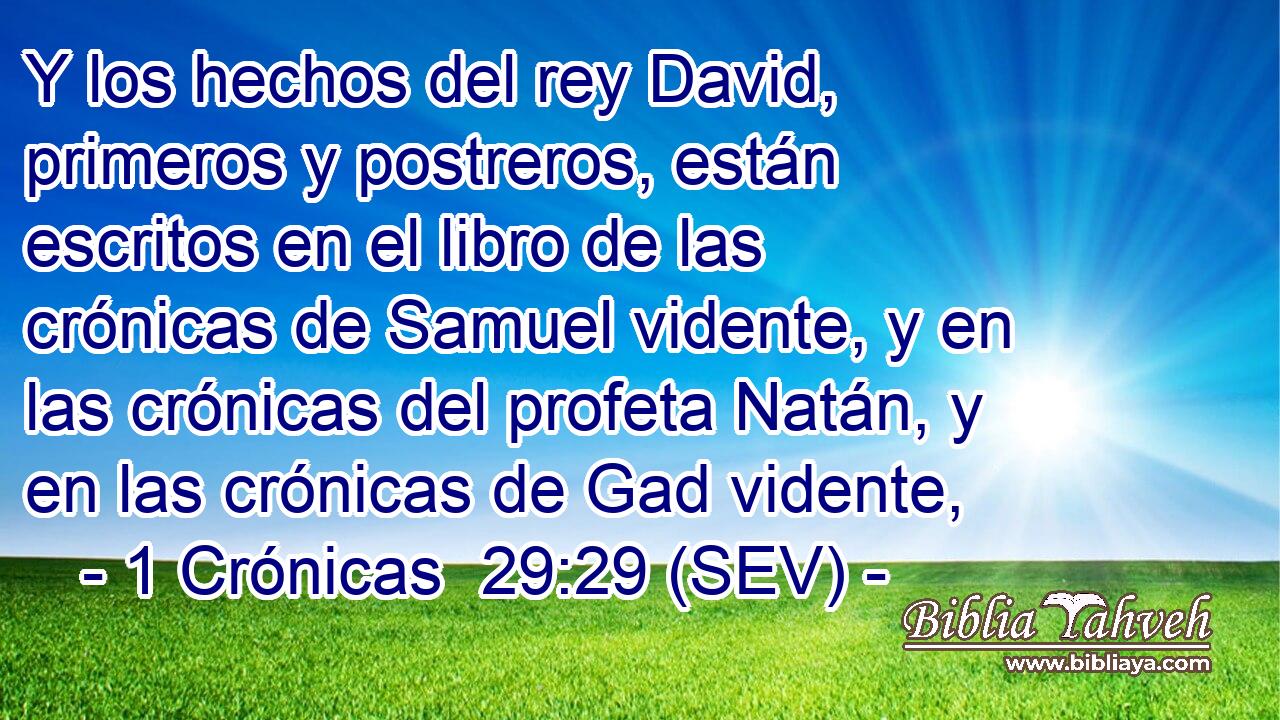 Y los hechos del rey David, primeros y postreros, están escritos en el libro de las crónicas de Samuel vidente, y en las crónicas del profeta Natán, y en las crónicas de Gad vidente,