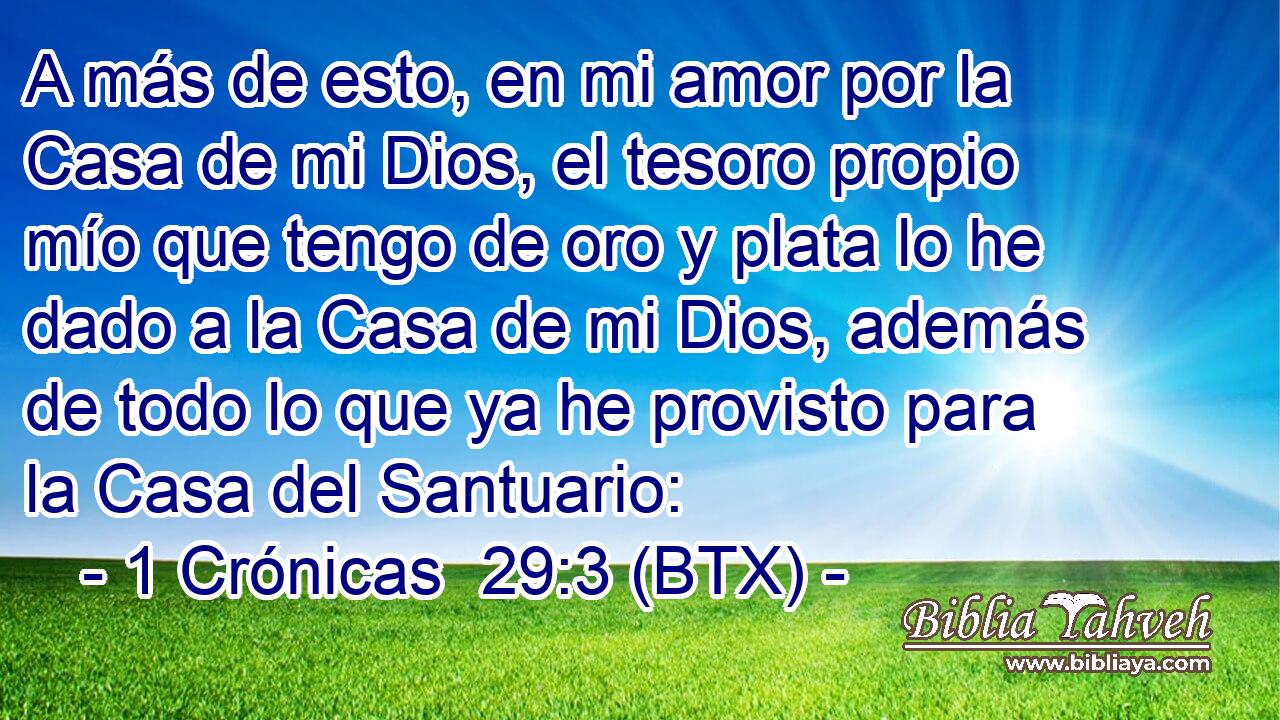 A más de esto, en mi amor por la Casa de mi Dios, el tesoro propio mío que tengo de oro y plata lo he dado a la Casa de mi Dios, además de todo lo que ya he provisto para la Casa del Santuario: