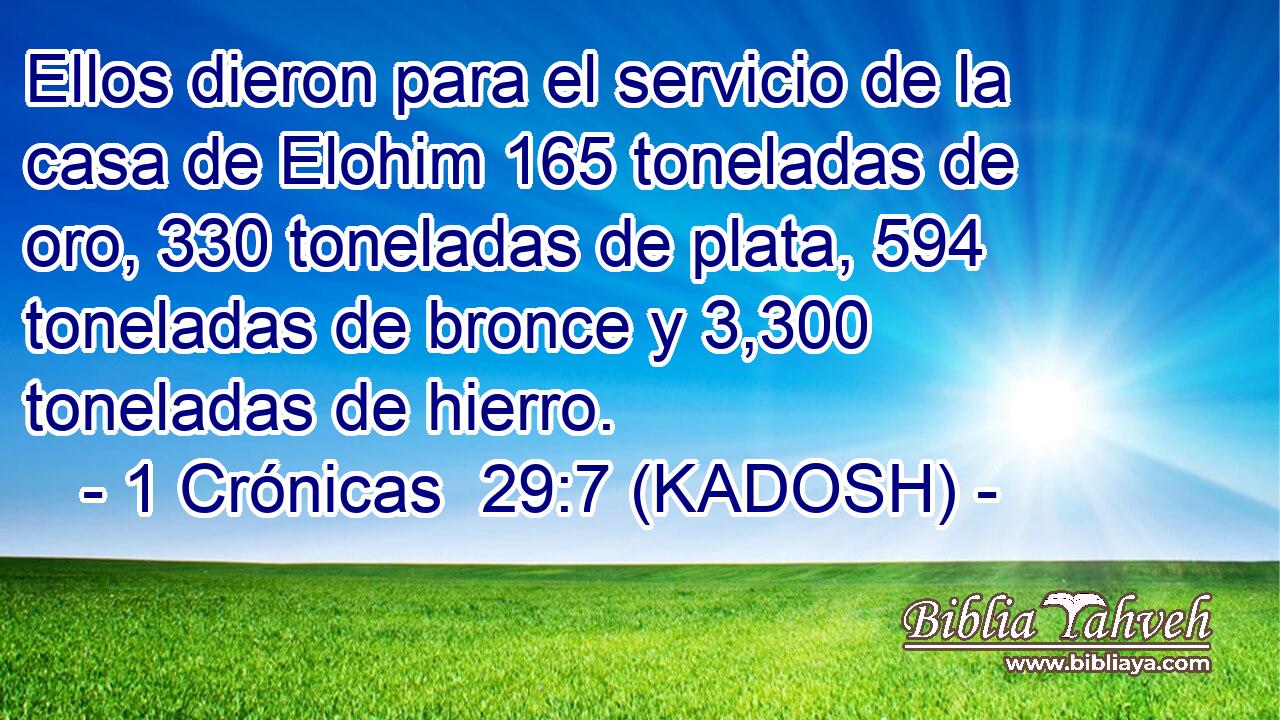  Ellos dieron para el servicio de la casa de Elohim 165 toneladas de oro, 330 toneladas de plata, 594 toneladas de bronce y 3,300 toneladas de hierro. 