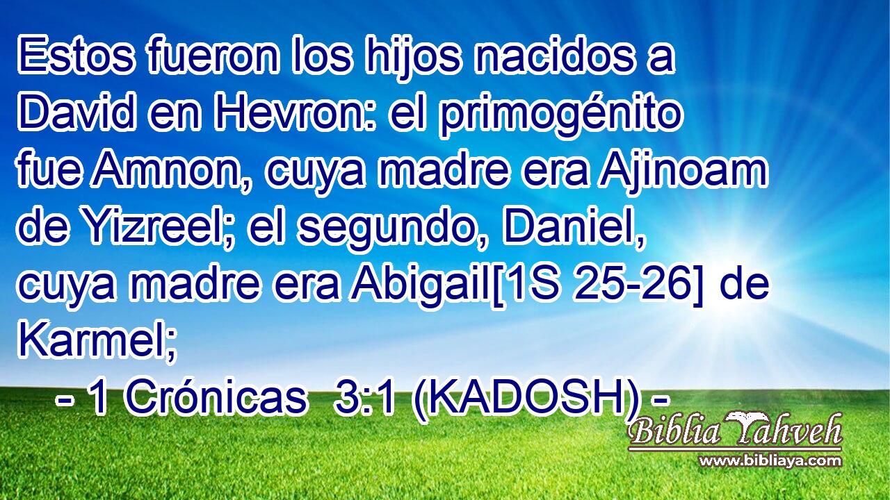  Estos fueron los hijos nacidos a David en Hevron: el primogénito fue Amnon, cuya madre era Ajinoam de Yizreel; el segundo, Daniel, cuya madre era Abigail[1S 25-26] de Karmel; 