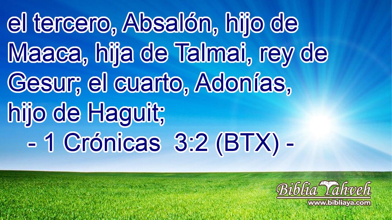 el tercero, Absalón, hijo de Maaca, hija de Talmai, rey de Gesur; el cuarto, Adonías, hijo de Haguit;