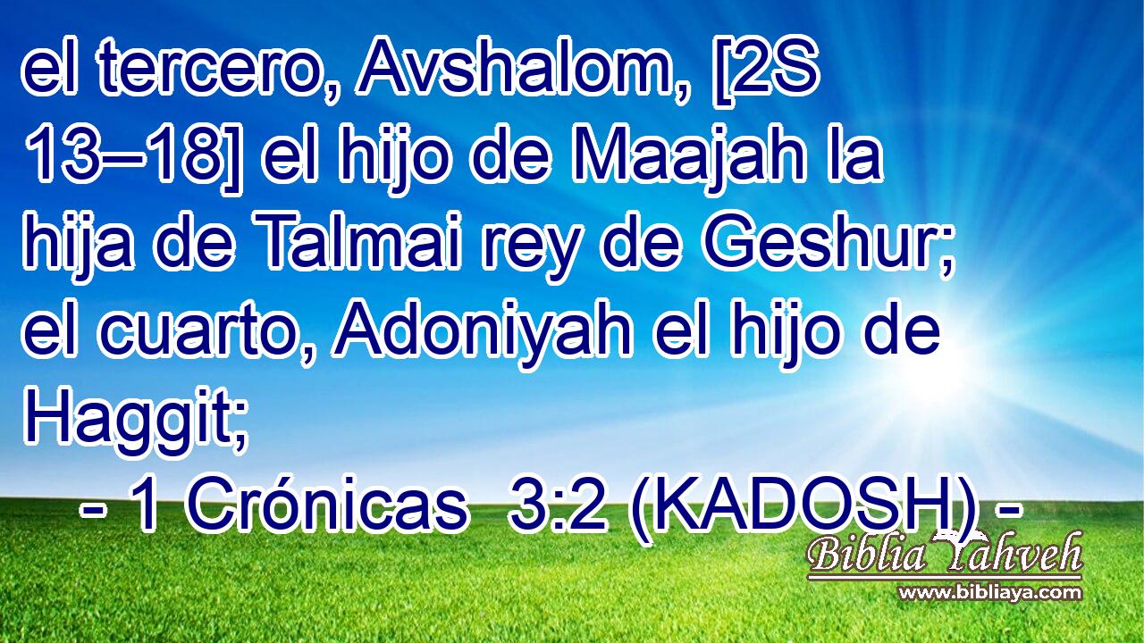  el tercero, Avshalom, [2S 13–18] el hijo de Maajah la hija de Talmai rey de Geshur; el cuarto, Adoniyah el hijo de Haggit; 