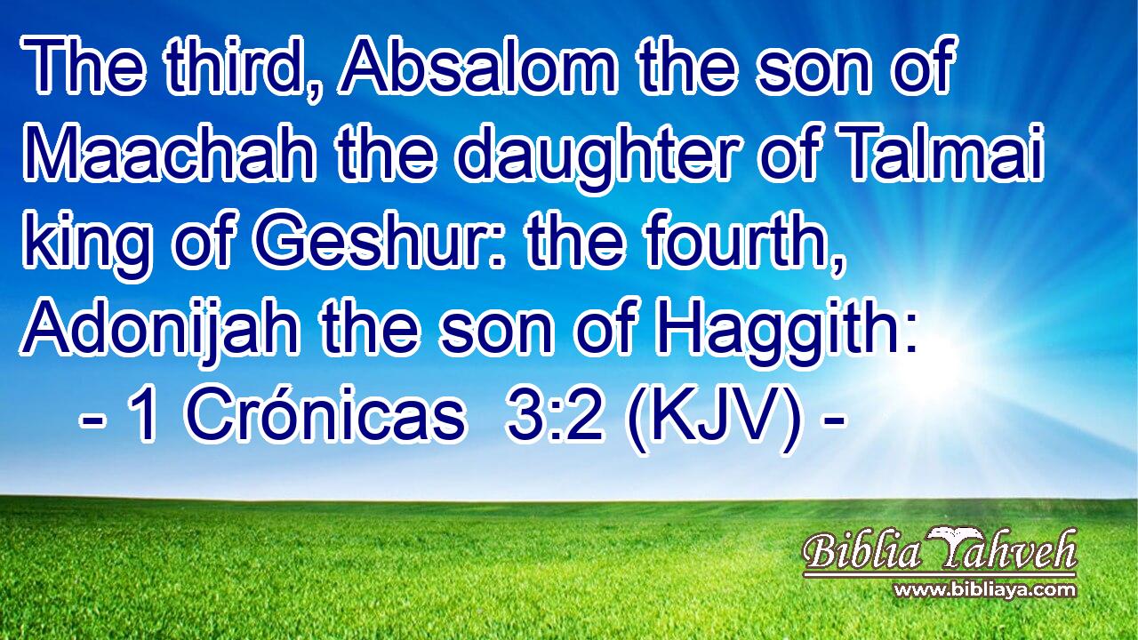 The third, Absalom the son of Maachah the daughter of Talmai king of Geshur: the fourth, Adonijah the son of Haggith: