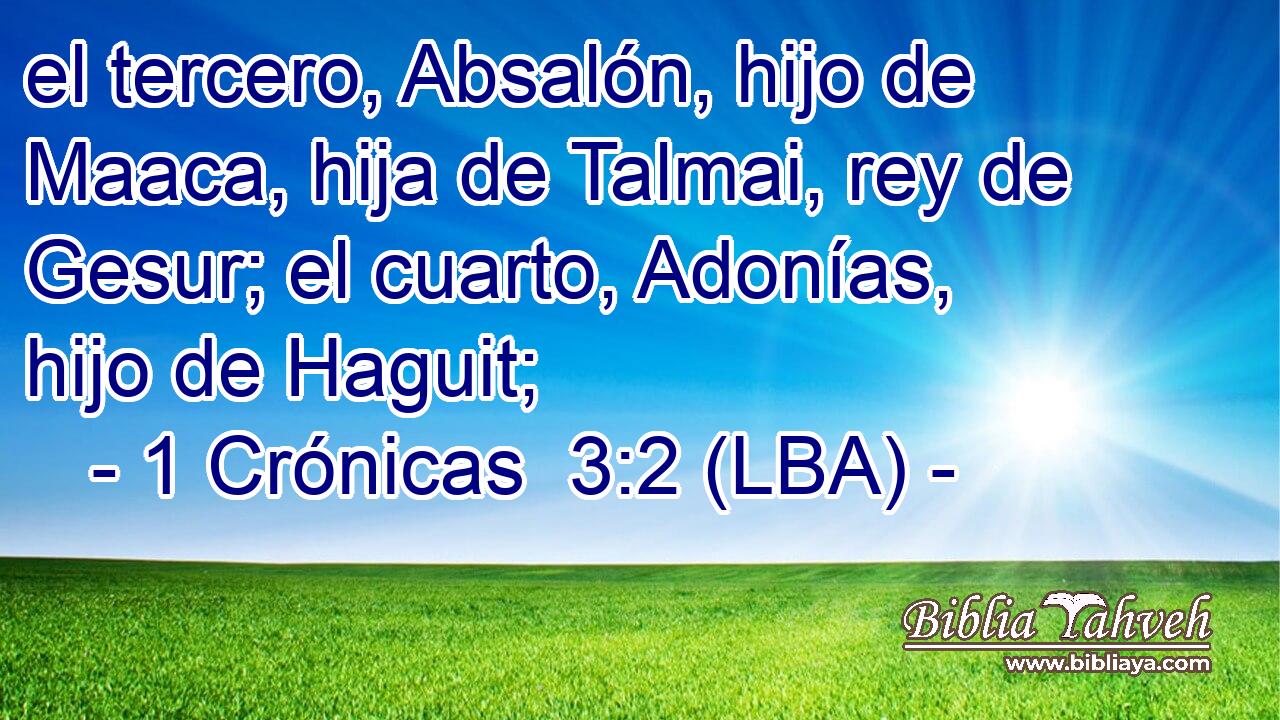 el tercero, Absalón, hijo de Maaca, hija de Talmai, rey de Gesur; el cuarto, Adonías, hijo de Haguit;