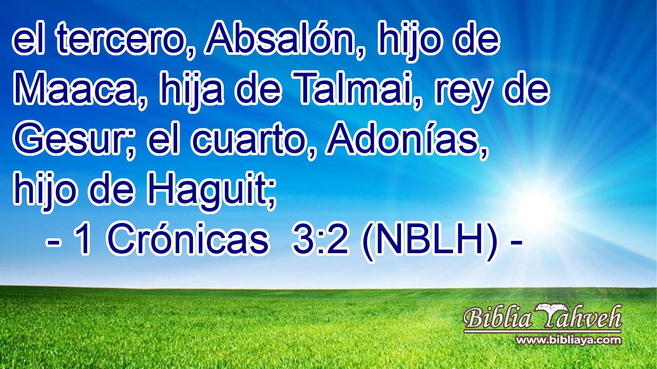  el tercero, Absalón, hijo de Maaca, hija de Talmai, rey de Gesur; el cuarto, Adonías, hijo de Haguit; 