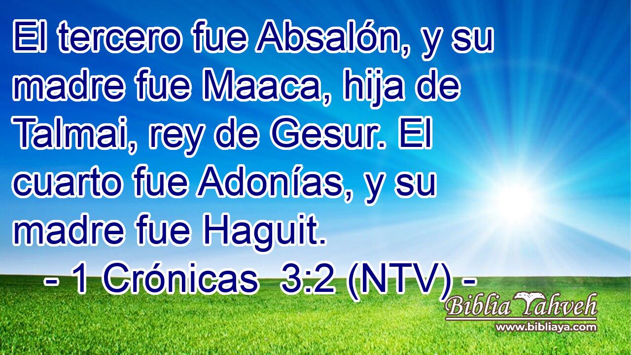 El tercero fue Absalón, y su madre fue Maaca, hija de Talmai, rey de Gesur. El cuarto fue Adonías, y su madre fue Haguit.
