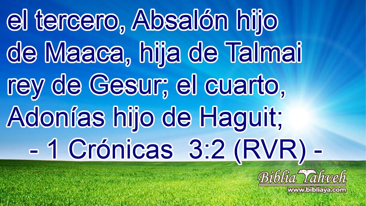 el tercero, Absalón hijo de Maaca, hija de Talmai rey de Gesur; el cuarto, Adonías hijo de Haguit;