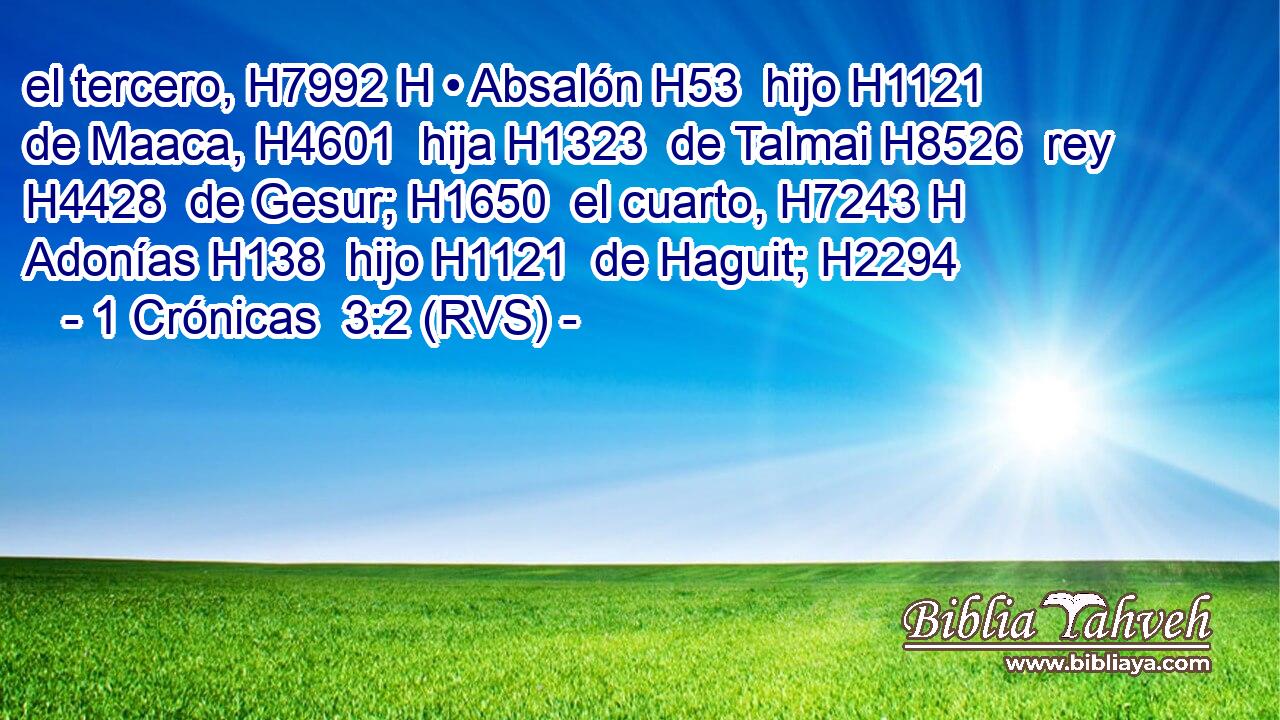 el tercero, H7992 H • Absalón H53  hijo H1121  de Maaca, H4601  hija H1323  de Talmai H8526  rey H4428  de Gesur; H1650  el cuarto, H7243 H Adonías H138  hijo H1121  de Haguit; H2294  