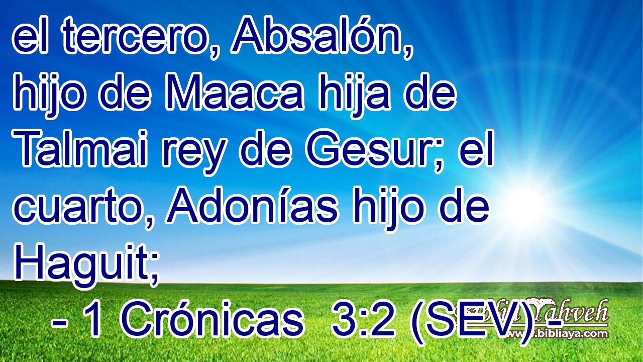 el tercero, Absalón, hijo de Maaca hija de Talmai rey de Gesur; el cuarto, Adonías hijo de Haguit;
