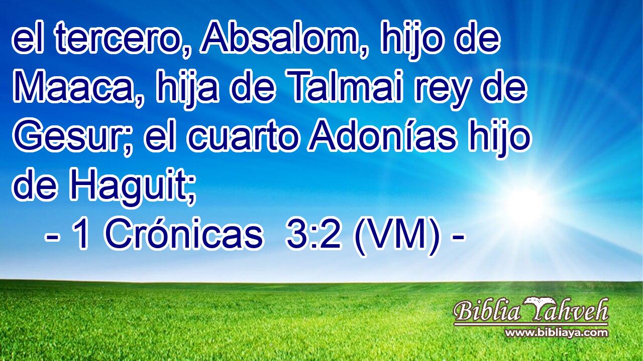  el tercero, Absalom, hijo de Maaca, hija de Talmai rey de Gesur; el cuarto Adonías hijo de Haguit; 
