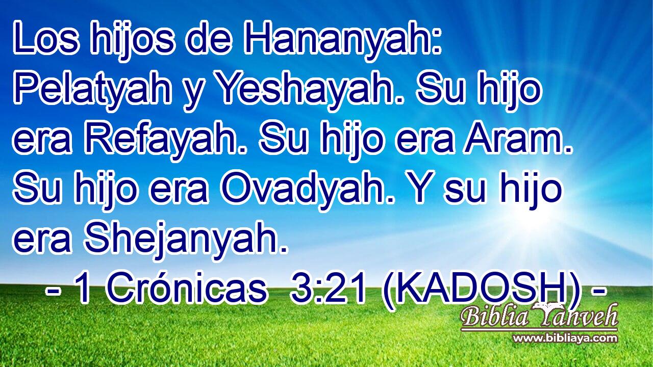  Los hijos de Hananyah: Pelatyah y Yeshayah. Su hijo era Refayah. Su hijo era Aram. Su hijo era Ovadyah. Y su hijo era Shejanyah. 