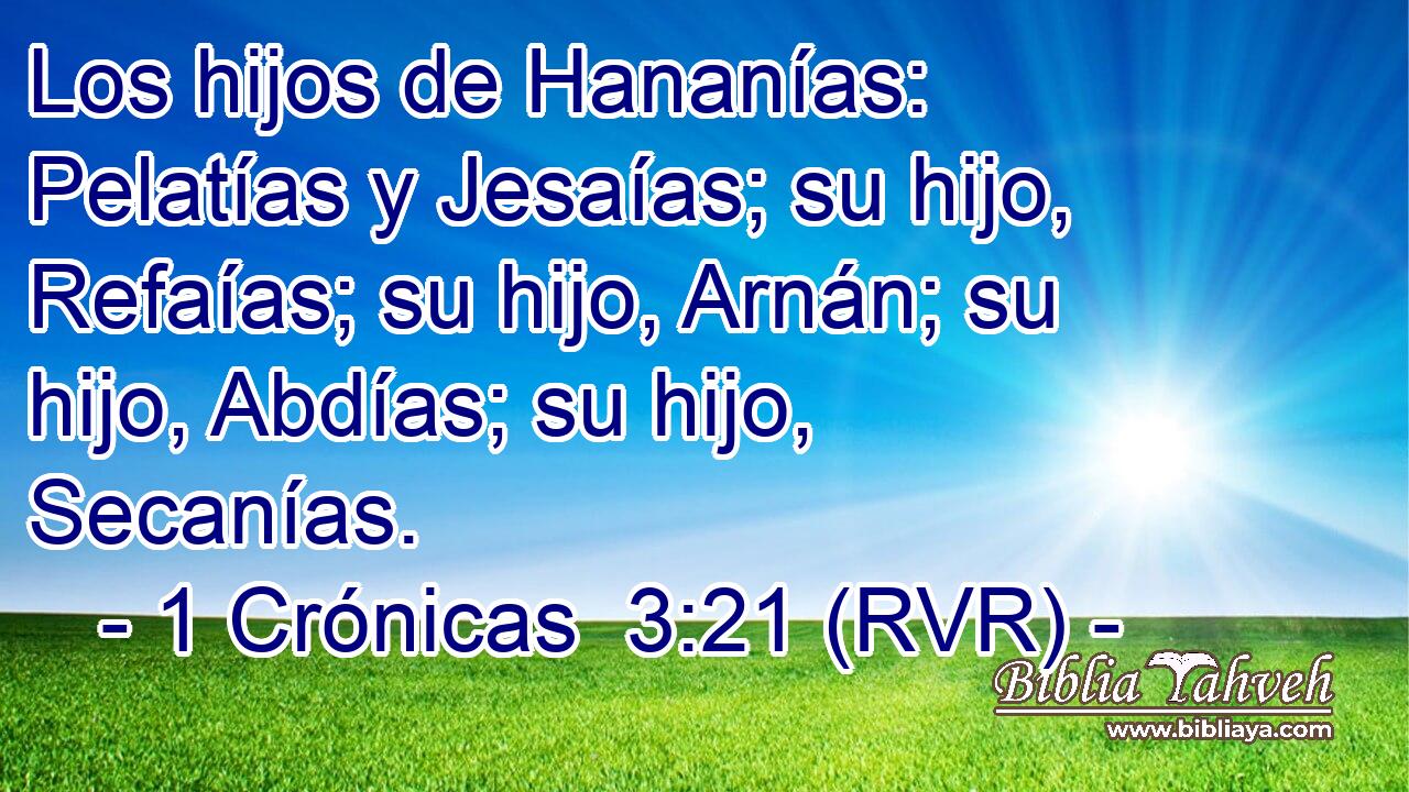 Los hijos de Hananías: Pelatías y Jesaías; su hijo, Refaías; su hijo, Arnán; su hijo, Abdías; su hijo, Secanías.