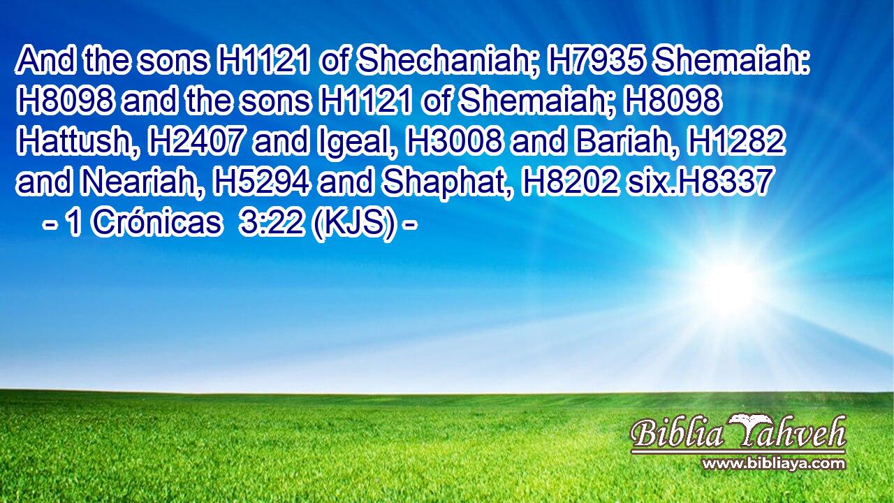 And the sons H1121 of Shechaniah; H7935 Shemaiah: H8098 and the sons H1121 of Shemaiah; H8098 Hattush, H2407 and Igeal, H3008 and Bariah, H1282 and Neariah, H5294 and Shaphat, H8202 six.H8337