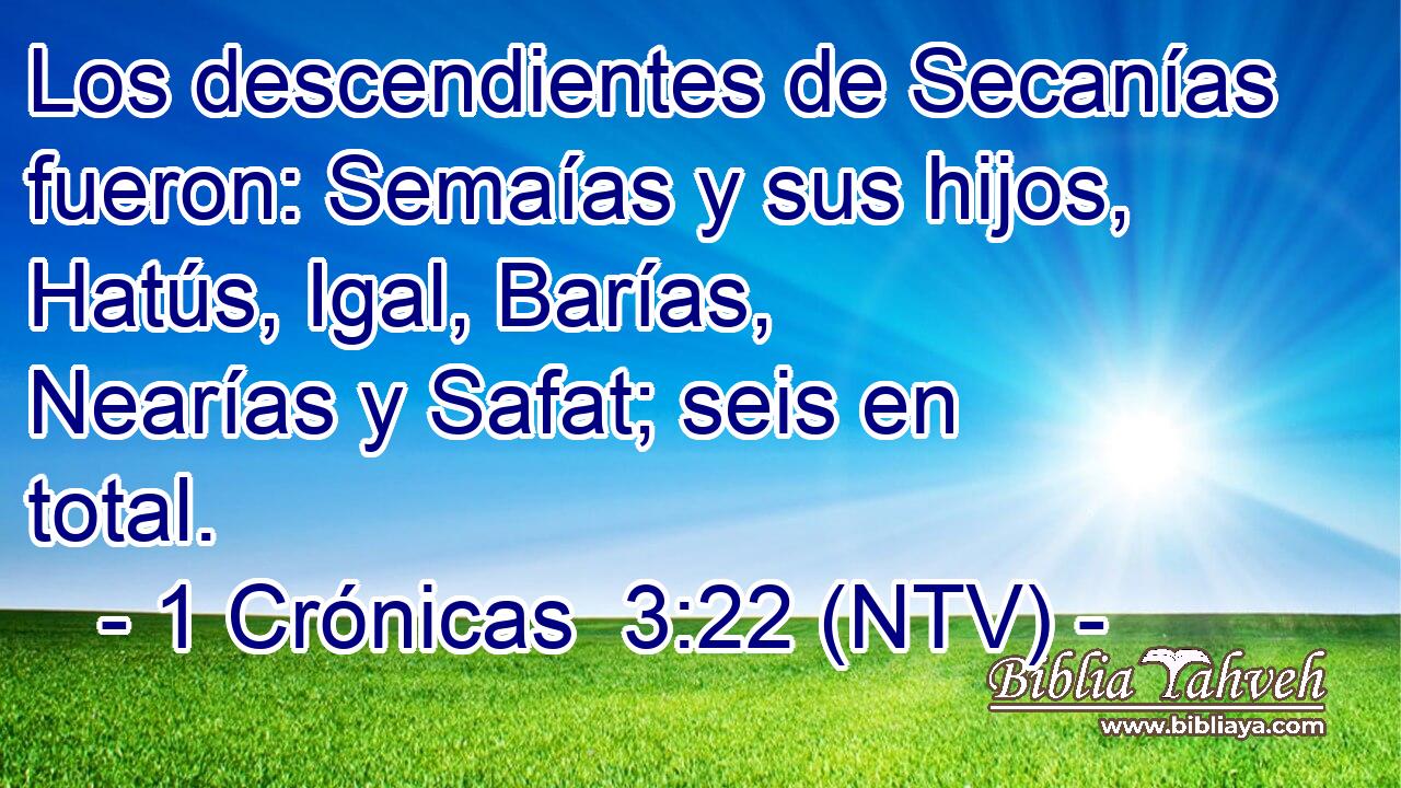 Los descendientes de Secanías fueron: Semaías y sus hijos, Hatús, Igal, Barías, Nearías y Safat; seis en total.