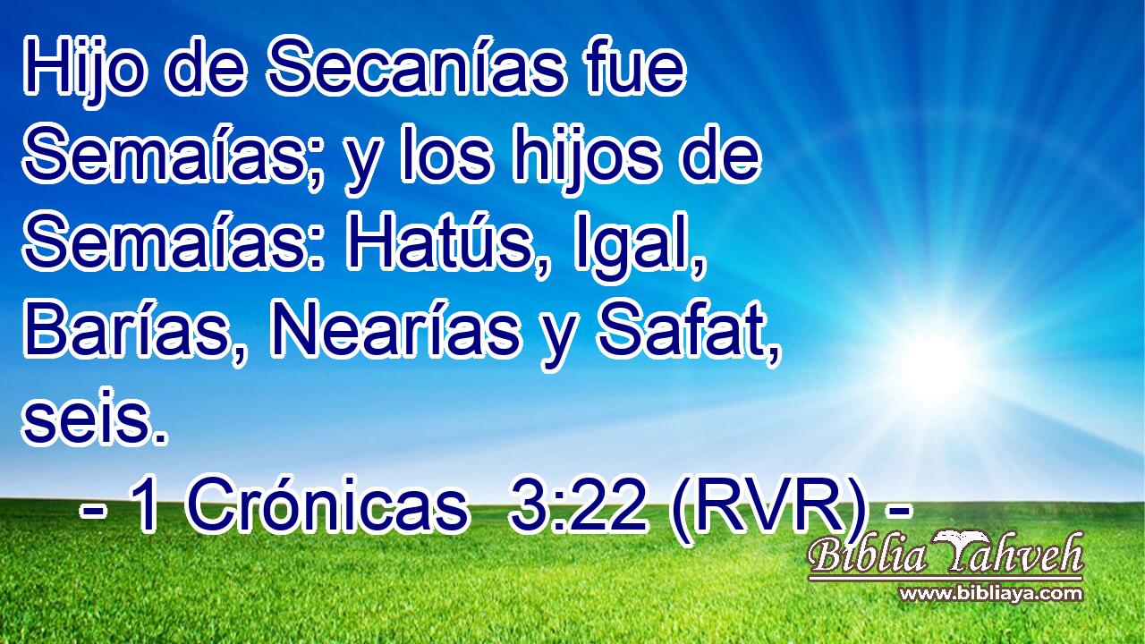 Hijo de Secanías fue Semaías; y los hijos de Semaías: Hatús, Igal, Barías, Nearías y Safat, seis.