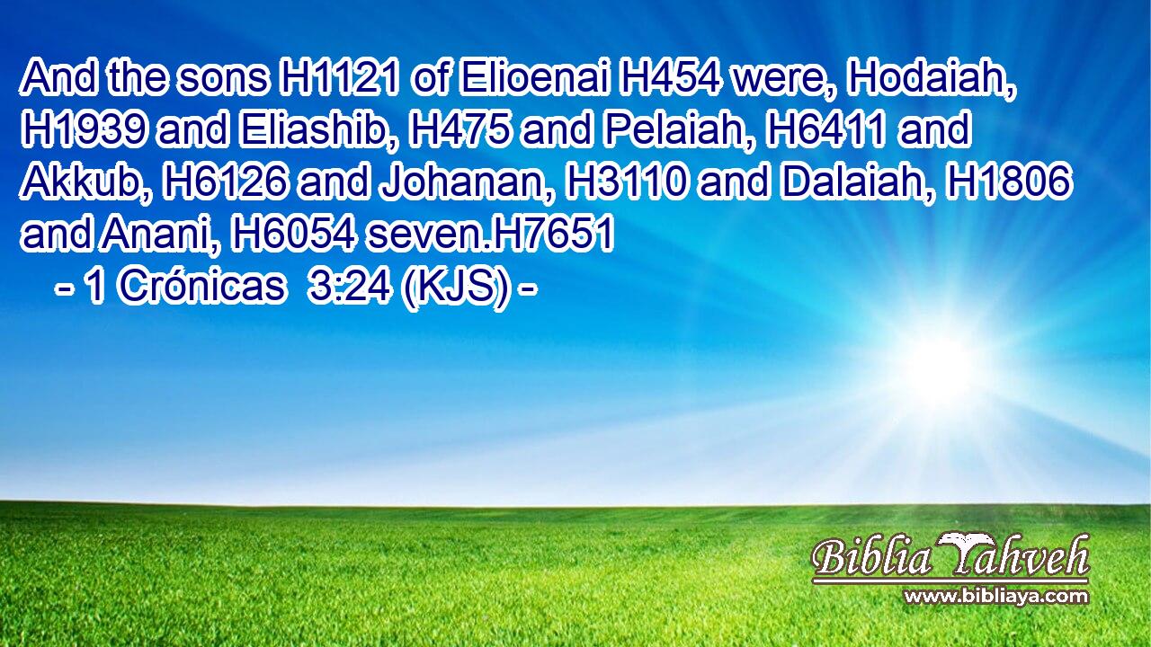 And the sons H1121 of Elioenai H454 were, Hodaiah, H1939 and Eliashib, H475 and Pelaiah, H6411 and Akkub, H6126 and Johanan, H3110 and Dalaiah, H1806 and Anani, H6054 seven.H7651