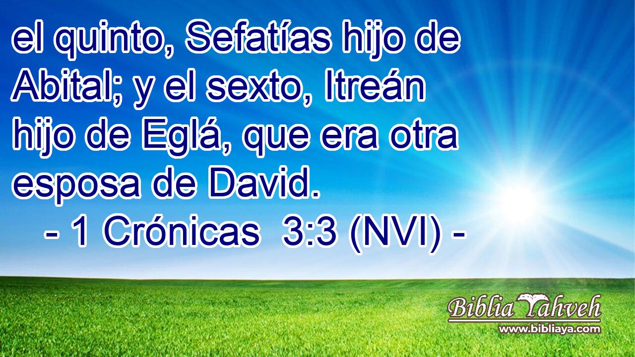  el quinto, Sefatías hijo de Abital; y el sexto, Itreán hijo de Eglá, que era otra esposa de David. 