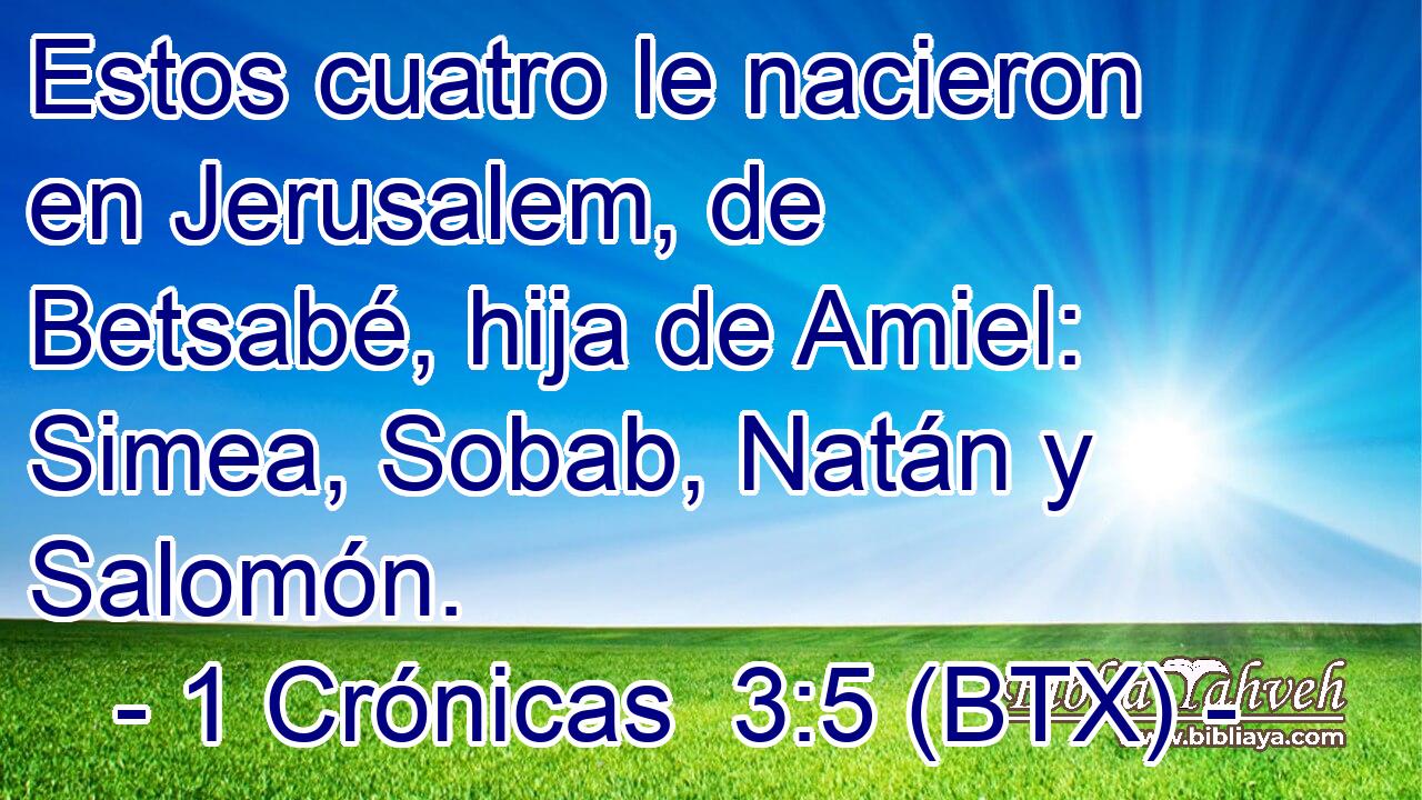 Estos cuatro le nacieron en Jerusalem, de Betsabé, hija de Amiel: Simea, Sobab, Natán y Salomón.