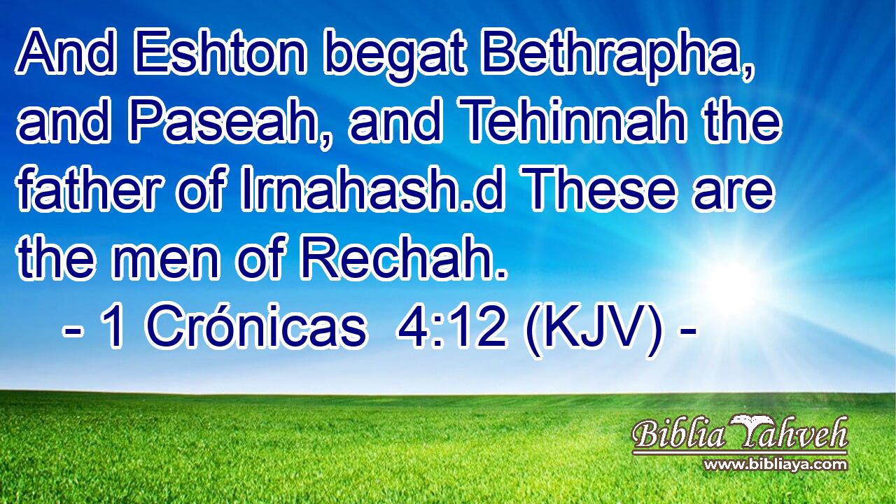 And Eshton begat Bethrapha, and Paseah, and Tehinnah the father of Irnahash.d These are the men of Rechah.
