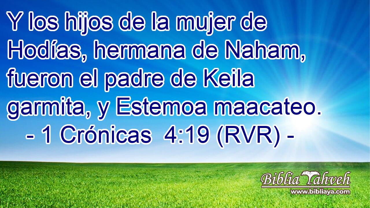 Y los hijos de la mujer de Hodías, hermana de Naham, fueron el padre de Keila garmita, y Estemoa maacateo.