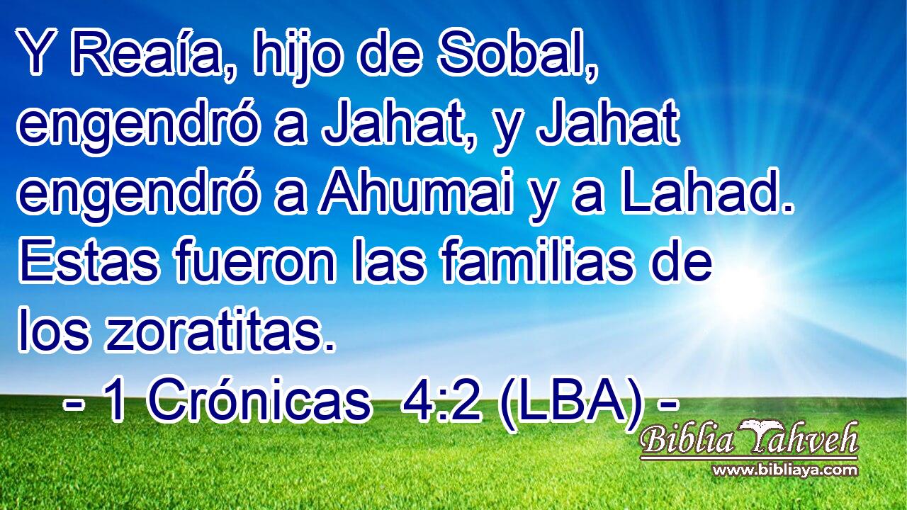 Y Reaía, hijo de Sobal, engendró a Jahat, y Jahat engendró a Ahumai y a Lahad. Estas fueron las familias de los zoratitas.