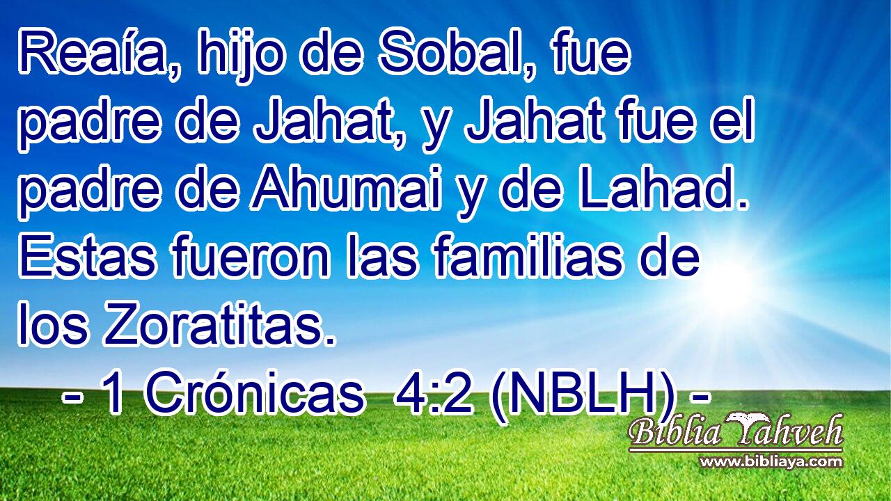  Reaía, hijo de Sobal, fue padre de Jahat, y Jahat fue el padre de Ahumai y de Lahad. Estas fueron las familias de los Zoratitas. 