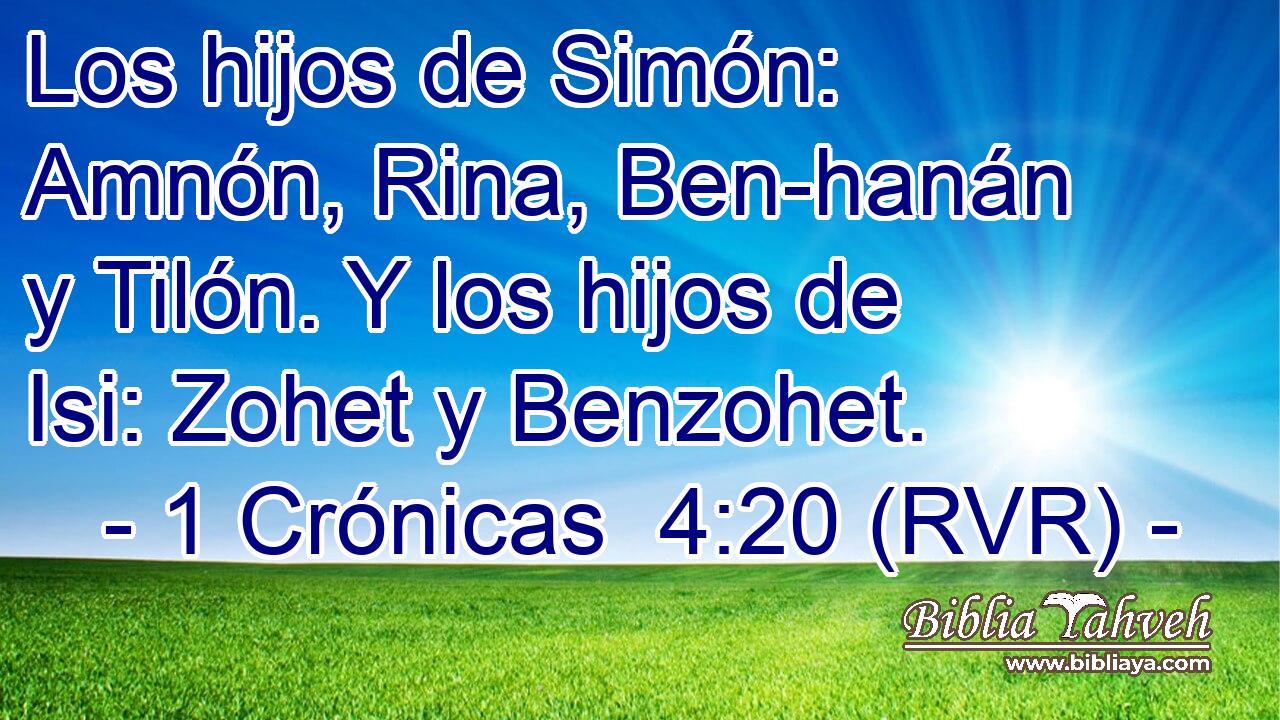 Los hijos de Simón: Amnón, Rina, Ben-hanán y Tilón. Y los hijos de Isi: Zohet y Benzohet.